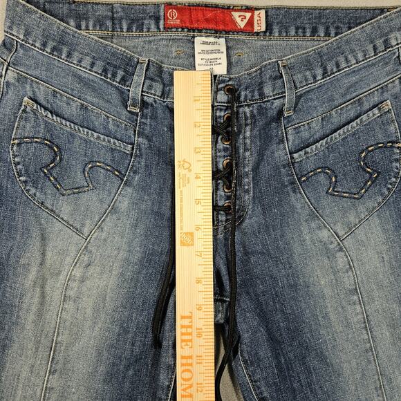 Vintage Guess Bootcut Jeans Womens Size 32 Y2K Lace Up Fly Blue Jeans Cowgirl - Picture 11 of 13